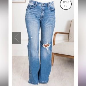 Pink lily Kara distressed medium wash flare jeans